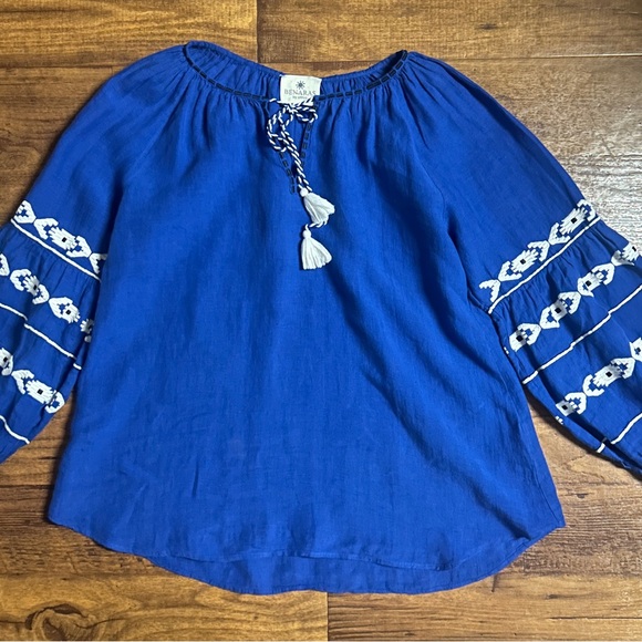 Benaras by Citrus • Size Large • Blue/White • Aztec Embroidery Boho Blouse - Picture 3 of 11